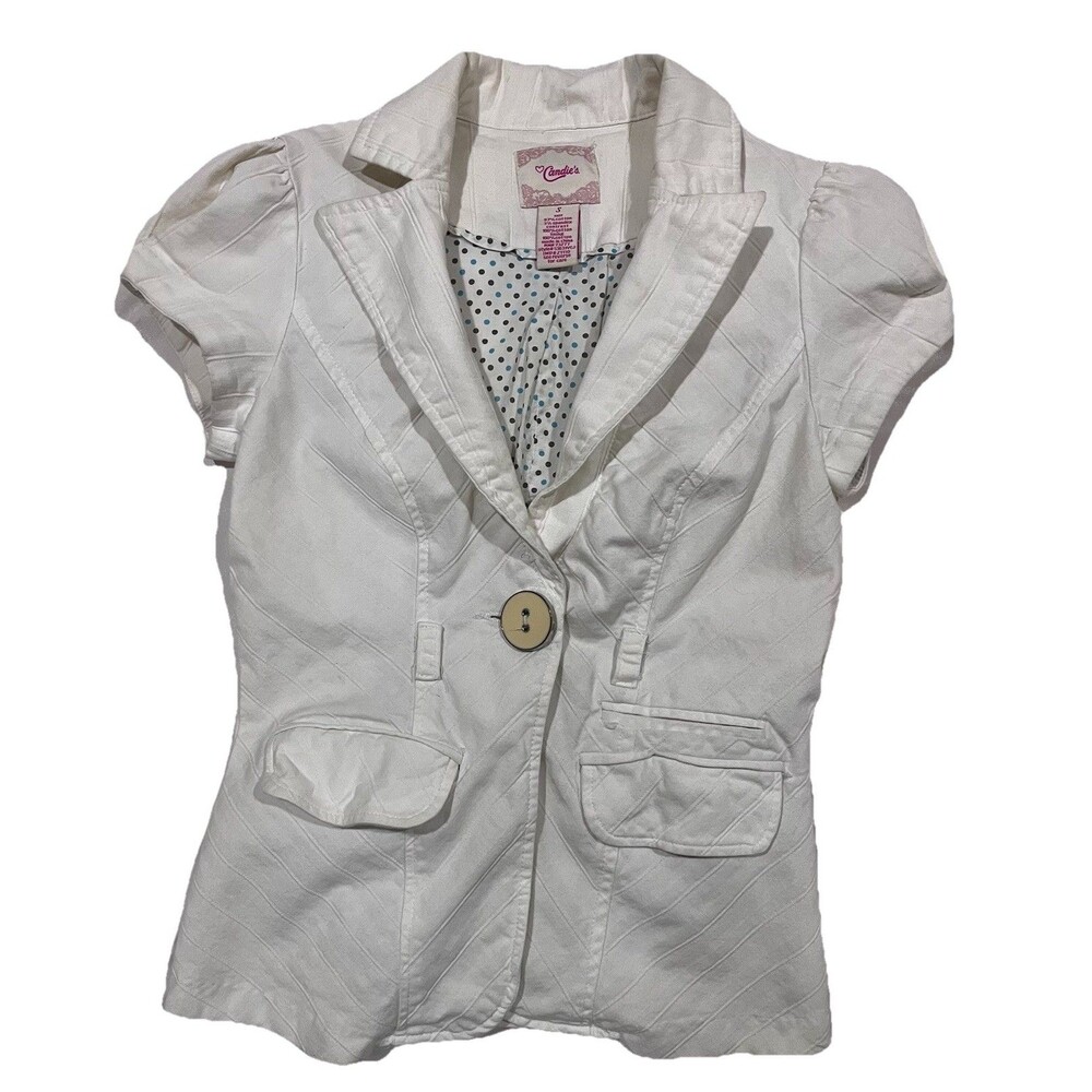Candie’s Short Sleeve Fitted Blazer Small Cotton Lined Ivory Off-White - Picture 3 of 7